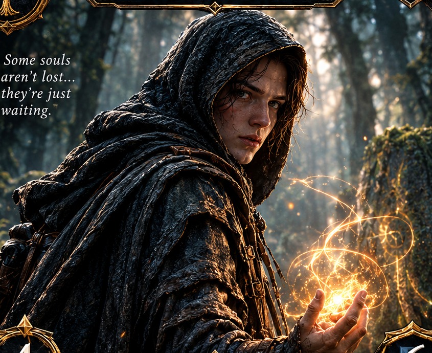 Portrait of Tarin, hooded and surrounded by ancient magic